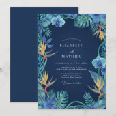 Invitation Mariage Tropical Orchidée Navy (Devant / Derrière)