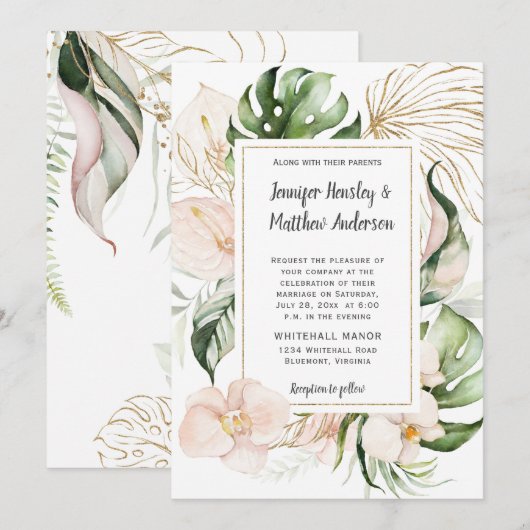Invitation Mariage Tropical Pink Floral Gold Frame (Devant / Derrière)