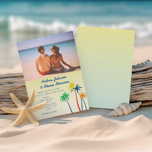 Invitation Mariage Tropical Rétro sur une Plage aux Palmiers