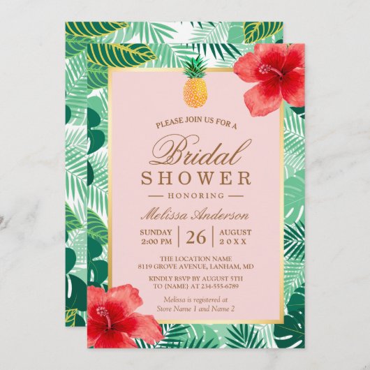 Invitation Mariage Tropical | Rose Foncé Ananas (Devant / Derrière)