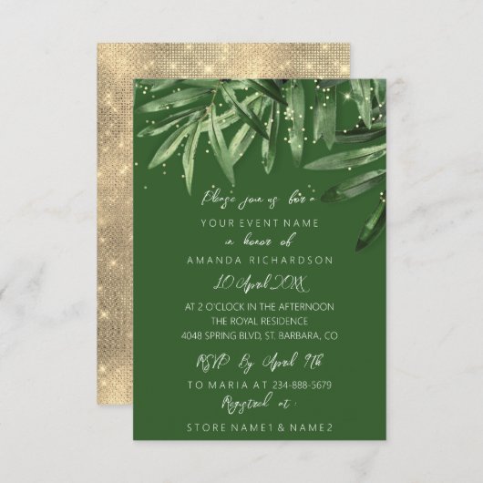 Invitation Mariage Tropical Sage Vert Or Élégant (Devant / Derrière)