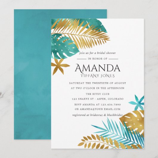 Invitation Mariage tropical sarcelle et or (Devant / Derrière)