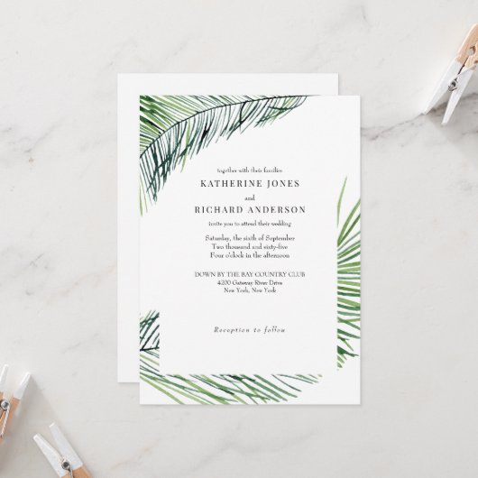 Invitation Mariage Tropical Simplement Élégant avec Palmiers  (Devant/Arrière en situation)
