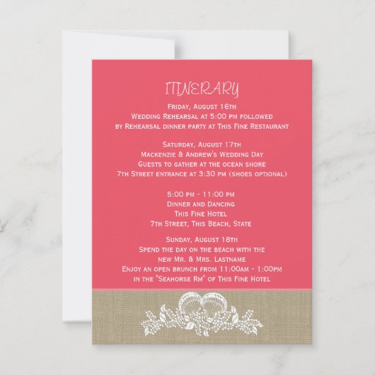 Invitation Mariage Tropical sur la Plage Itinéraire de la Fêt (Devant)