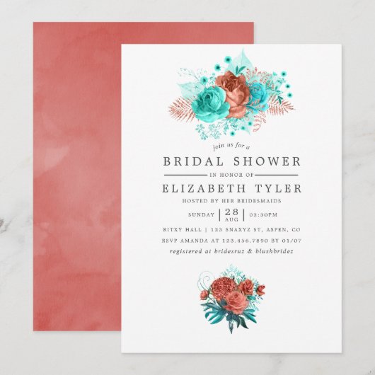 Invitation Mariage tropical turquoise et corail (Devant / Derrière)