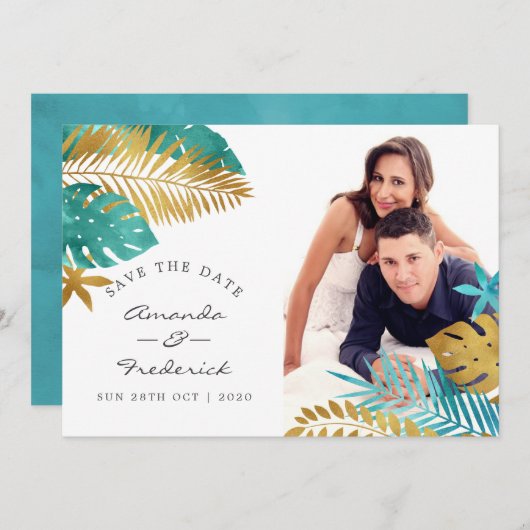 Invitation Mariage Tropical turquoise et Gold Enregistrer la  (Devant / Derrière)