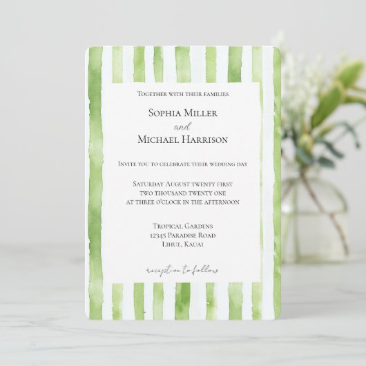 Invitation Mariage Tropical Vert et Blanc Rayé (Debout devant)