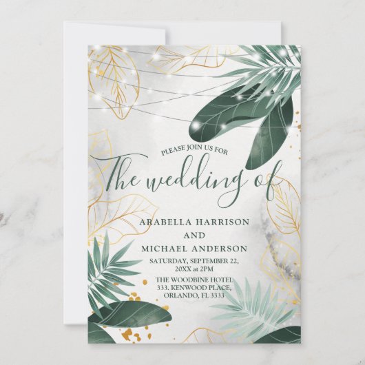 Invitation Mariage Tropical Vert Et Or (Devant)