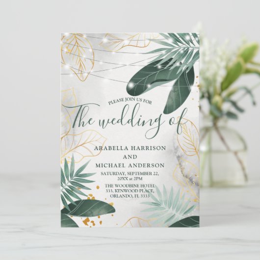 Invitation Mariage Tropical Vert Et Or (Debout devant)