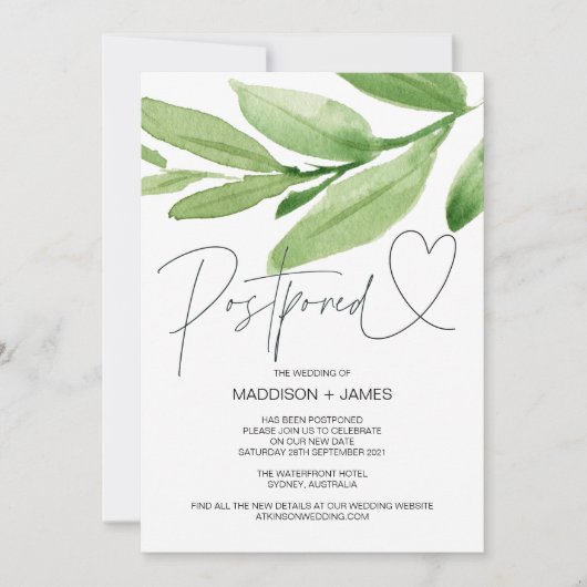 Invitation Mariage Tropical Vert Report Changé la Date (Devant)