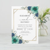 Invitation Mariage turquoise à la frontière florale (Debout devant)