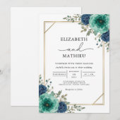Invitation Mariage turquoise à la frontière florale (Devant / Derrière)