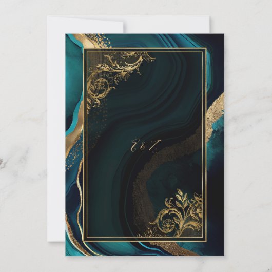 Invitation Mariage Turquoise Agate Gold Cadre de luxe (Dos)