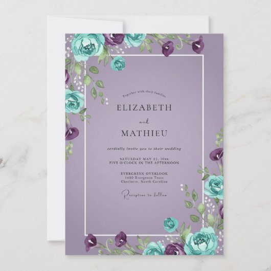 Invitation Mariage Turquoise Améthyste Ranunculus Eucalyptus (Devant)