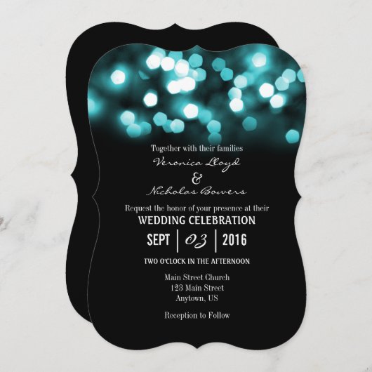 Invitation Mariage Turquoise Black Bokeh Lumières Invite (Devant / Derrière)