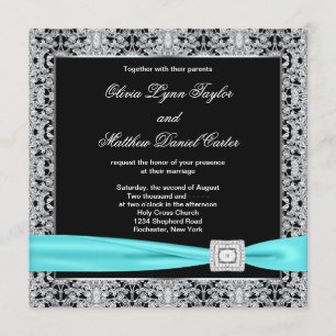 Invitation Mariage Turquoise Black Silver Lace Classic
