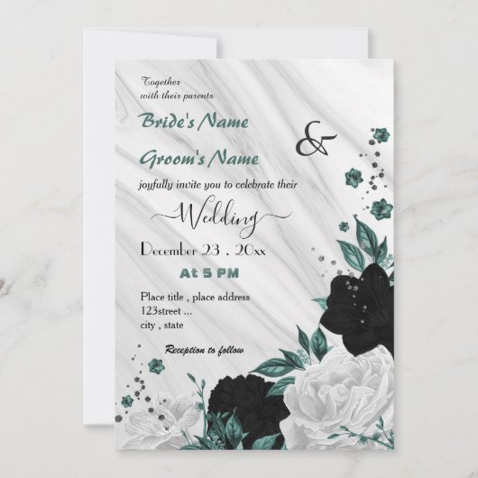 Invitation mariage turquoise bleu blanc et noir (Devant)
