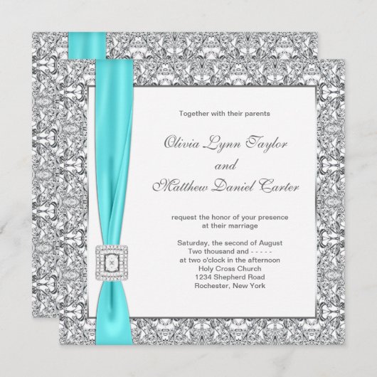 Invitation Mariage turquoise bleu et argent (Devant / Derrière)