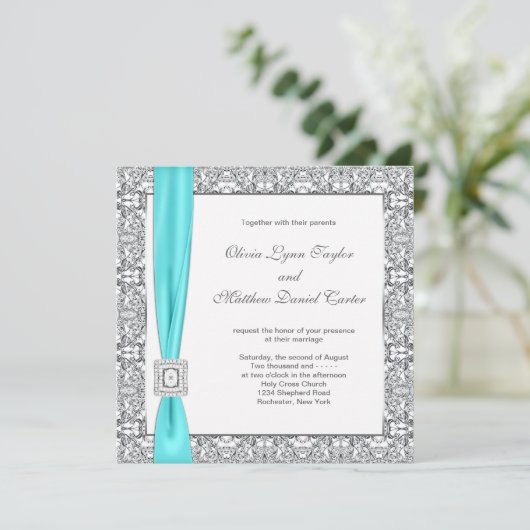 Invitation Mariage turquoise bleu et argent (Debout devant)