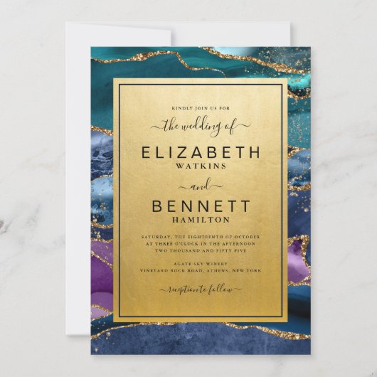 Invitation Mariage turquoise bleu violet or Agate (Devant)