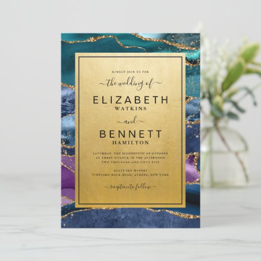 Invitation Mariage turquoise bleu violet or Agate (Debout devant)