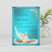 Invitation Mariage turquoise Blue Aqua Turquoise Seashell (Debout devant)