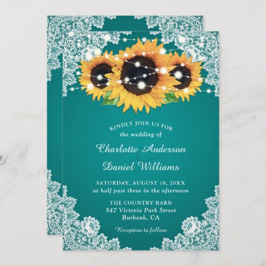 Invitation Mariage Turquoise chic de tournesol (Devant / Derrière)