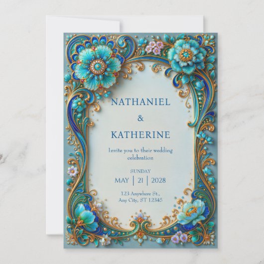 Invitation Mariage Turquoise Cobalt Filigrane (Devant)
