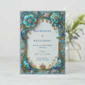 Invitation Mariage Turquoise Cobalt Filigrane (Debout devant)