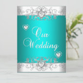 Invitation Mariage turquoise Coeurs Diamants Blancs Argent (Debout devant)
