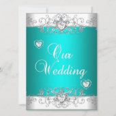 Invitation Mariage turquoise Coeurs Diamants Blancs Argent (Devant)