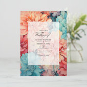 Invitation Mariage turquoise, corail et Champagne Floral (Debout devant)