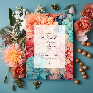 Invitation Mariage turquoise, corail et Champagne Floral