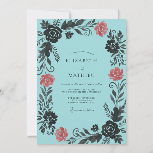 Invitation Mariage Turquoise Corail Feuillu (Devant)