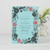 Invitation Mariage Turquoise Corail Feuillu (Debout devant)