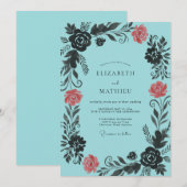 Invitation Mariage Turquoise Corail Feuillu (Devant / Derrière)