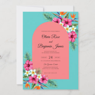 Invitation Mariage Turquoise Corail Hibiscus Sauge