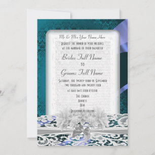 Invitation mariage turquoise damassé et dentelle blanche