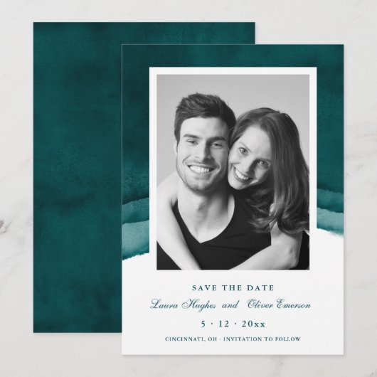 Invitation Mariage Turquoise d'aquarelle de la mer profonde E (Devant / Derrière)