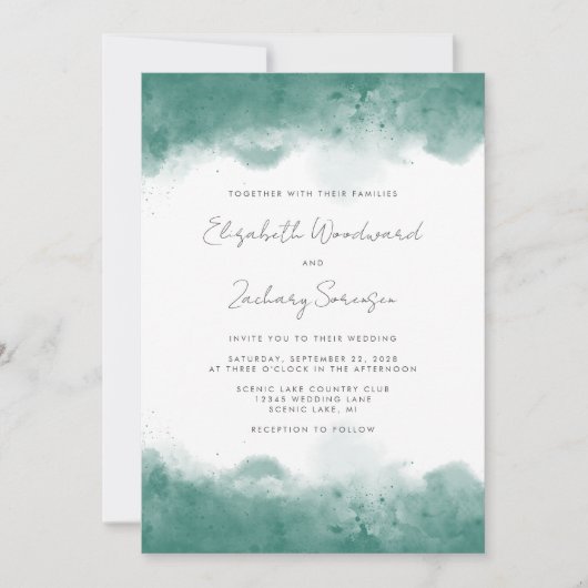 Invitation Mariage Turquoise de bordures d'aquarelle moderne (Devant)