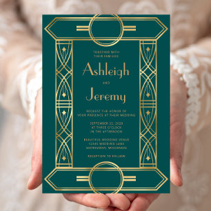 Invitation Mariage Turquoise de cadre Gold Vintage