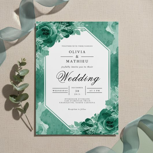 Invitation Mariage turquoise de fleurs d'aquarelle