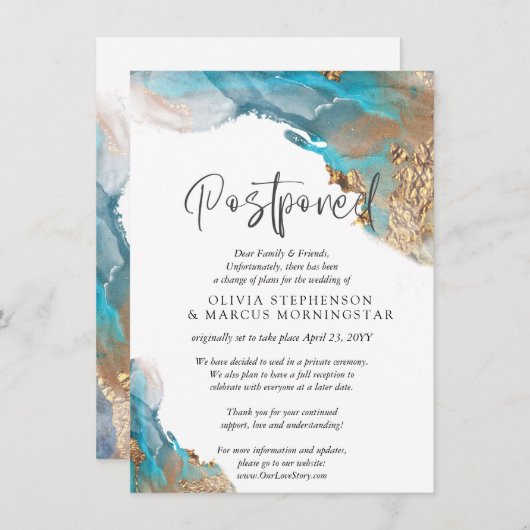 Invitation Mariage Turquoise différé et Abstrait or (Devant / Derrière)
