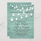 Invitation Mariage turquoise en bois de grange et lumière de  (Devant / Derrière)