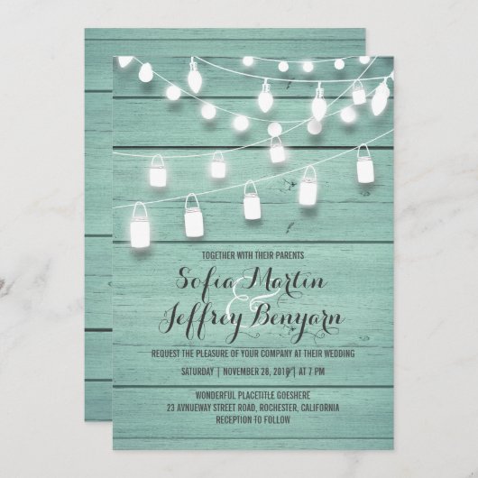 Invitation Mariage turquoise en bois de grange et lumière de  (Devant / Derrière)