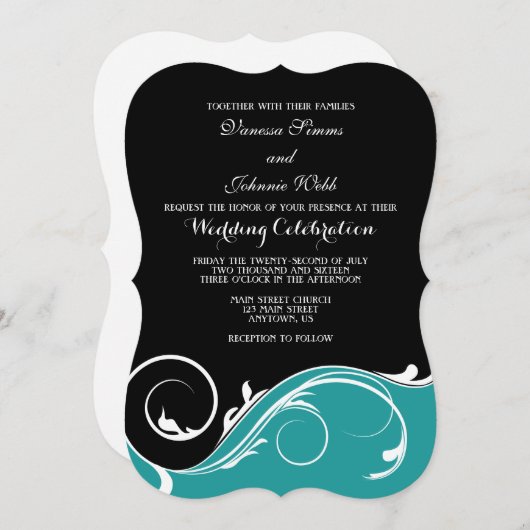 Invitation Mariage turquoise en noir bracelet noir invite (Devant / Derrière)