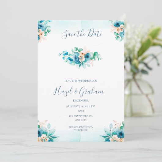 Invitation Mariage turquoise Enregistrer la date (Debout devant)