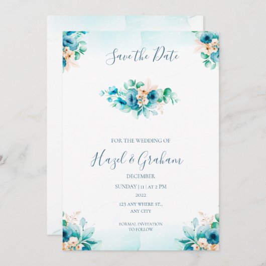 Invitation Mariage turquoise Enregistrer la date (Devant / Derrière)