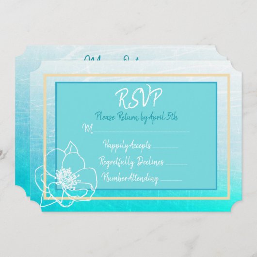 Invitation Mariage turquoise et bleu turquoise Fleur blanche  (Devant / Derrière)