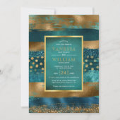 Invitation Mariage turquoise et bracelets or et confetti (Devant)